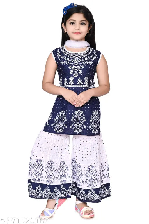 Navy Blue & White Printed Chanderi Cotton Kurta Set with Dupatta for Girls (1-2yrs, 2-3yrs) - Traditional Indian girls' outfit on display
