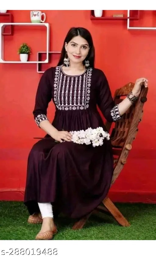 Dark purple kurta with embroidered designs, long sleeves