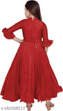 Red satin ball gown dress with ruffled sleeves