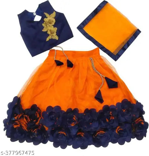 Cotton blend lehenga choli set with net dupatta, embroidered design for kids aged 6 months to 10 years
