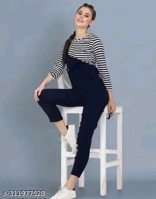 Navy blue cotton blend dungaree set for women and girls with three-quarter sleeves, solid pattern, and separate pant and top for partywear fashion. Made in India