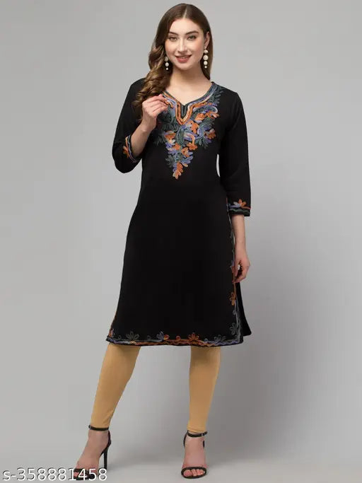 Womens straight embroidered wool lace kurti winter wear party dress formal attire designer clothing