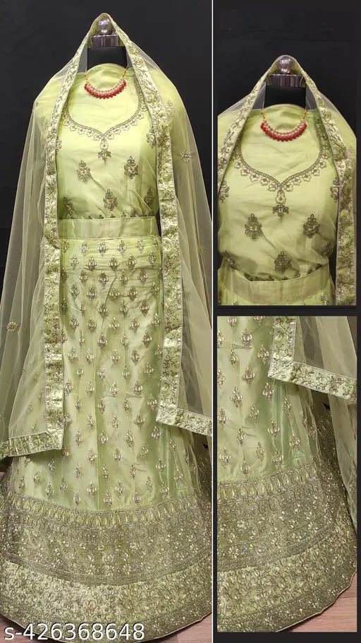 White net lehenga set with diamond work embroidery, free size (43in waist, 42in length), Indian origin