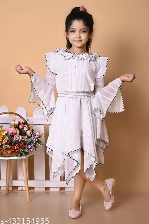 White party frock with ruffled details and off-the-shoulder sleeves