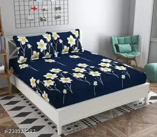 White Glace cotton fitted double king size bedsheet with 2 pillow covers, 160TC, multi-fit up to 6 inches mattress, floral print, BM DECORS
