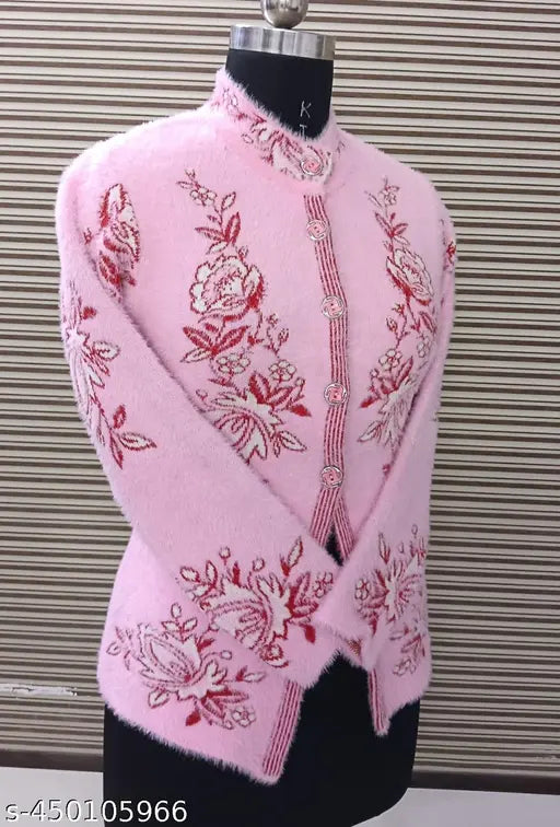 Woolen cardigan, self-design pattern, long sleeves. Women's winter wear in M (Bust 34in, Length 24in) or L (Bust 36in, Length 25in). KESHAVI designer fancy sweater on display