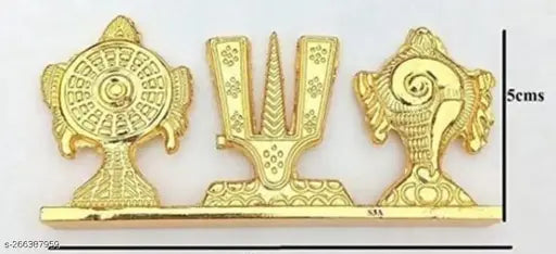 Gold religious symbol plaque, featuring a shankh and chakra with 'namah' inscription, for dashboard display