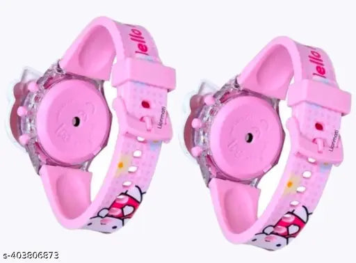 Pink and white children's digital watch with disco lights and musical features