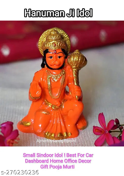 Small orange religious idol: Hanuman Balaji Bajrang Bali Sankat Mochak statue for car, home office decor, gift, or pooja murti (3 inches size). Indian origin