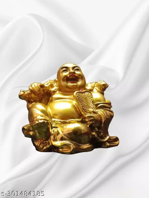 Ceramic Fengshui Laughing Buddha Kuberan statue for wealth and prosperity, gold-toned, 6cm*5cm decorative showpiece