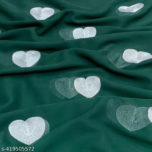 Georgette embroidered saree with a pattern of stitched hearts and green borders