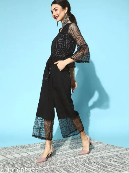 Black net fabric V-neck jumpsuit with three-quarter sleeves, embellished with Zari work, ankle length, machine washable, from HN Trends India