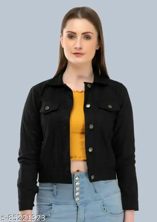 Denim solid women's jacket, black, long sleeves, size S-XL. (Black denim women's jacket on hanger)