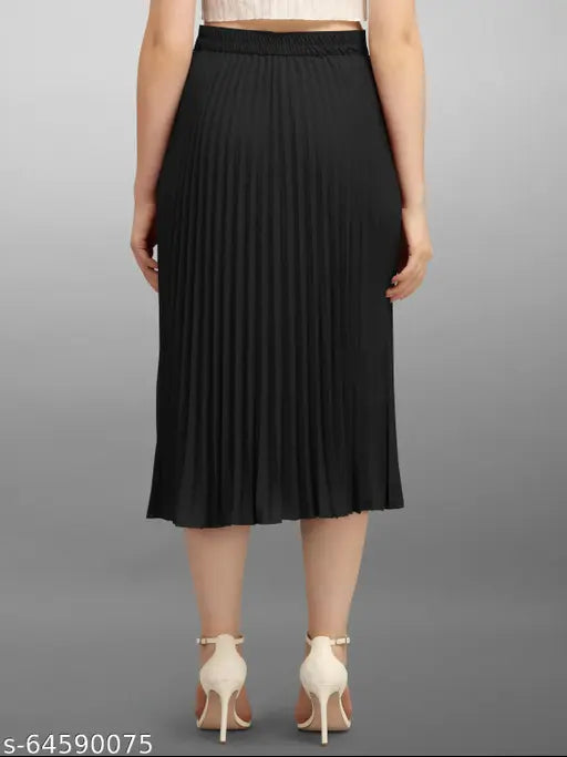 Smooth, pure crepe women's/girls midi plated skirt - solid pattern, elastic waist, free size 28-40 inch (length 33), origin India