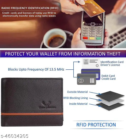 Brown genuine leather urban wallet for men, bi-fold design with RFID blocking, 5 compartments including currency and coin pockets
