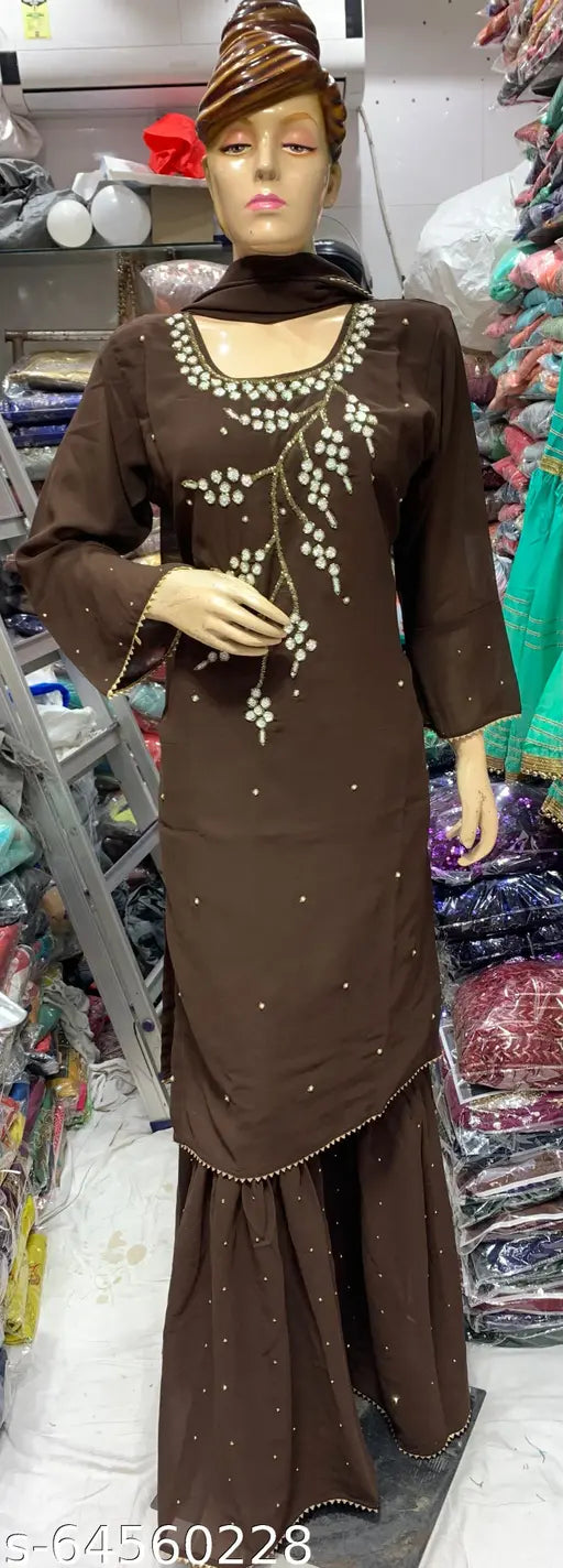 Brown long-sleeve kurta with embellishments, suitable for women's formal wear