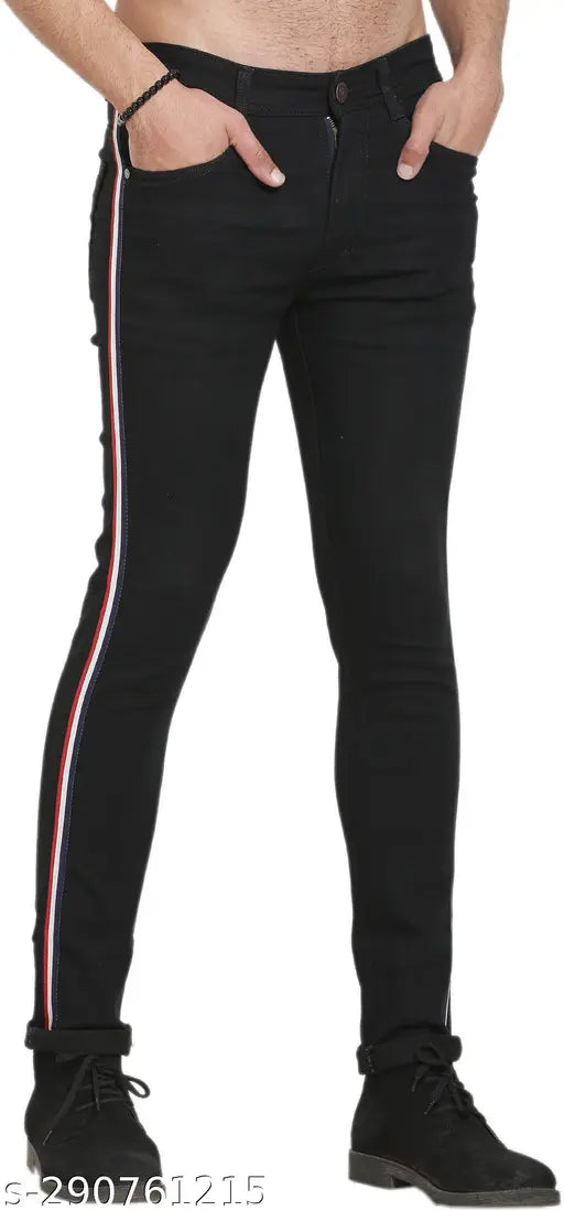Sobbers Men's Black Stripe Poly Cotton Jeans(SC001-SBCMJ-003), stretchable and comfortable denim for casual, party or office wear. Perfect for sizes 28, 30, 32, 34, 36 (Waist: 28in, 30in, 32in, 34in, 36in; Length: 40in). Made in India