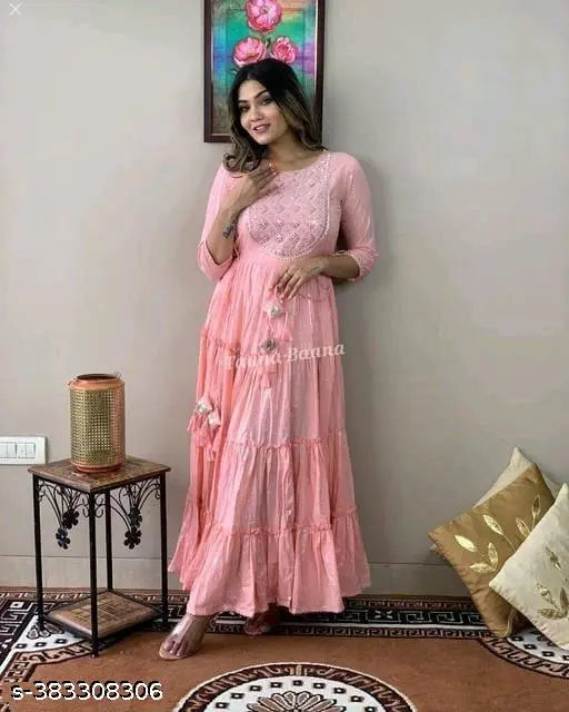 Rayon Aari embroidered traditional Indian Anarkali Kurti, long length, mirror work, 3-piece ensemble