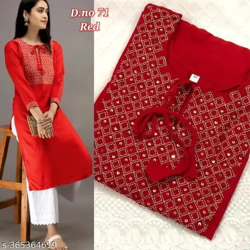 Embroidered red rayon kurti, three-quarter sleeves, Indian western wear, premium rayon fabric for everyday comfort