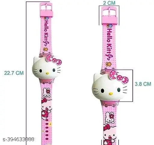 Digital watch with Hello Kitty design, pink strap, and light music feature