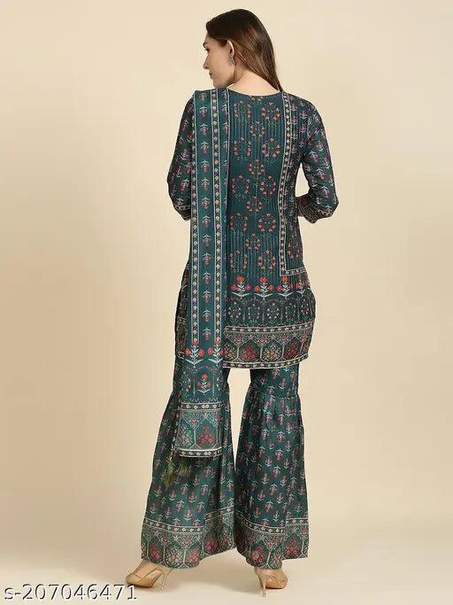 Black maslin boat neck kurta sharara set with dupatta, handwork and chrochit work