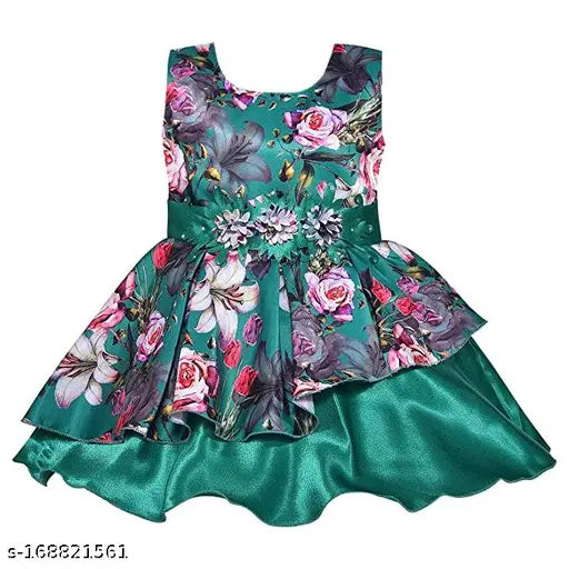 Silver satin printed net knee-length dress for baby girls (fe3029grn), spruce up wardrobe with Wishkaro's comfortable and elegant design. Refer to size chart for best fit. Made in India