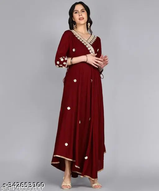 Maroon embroidered rayon anarkali kurta, traditional Indian ethnic gown with three-quarter sleeves for festive occasions