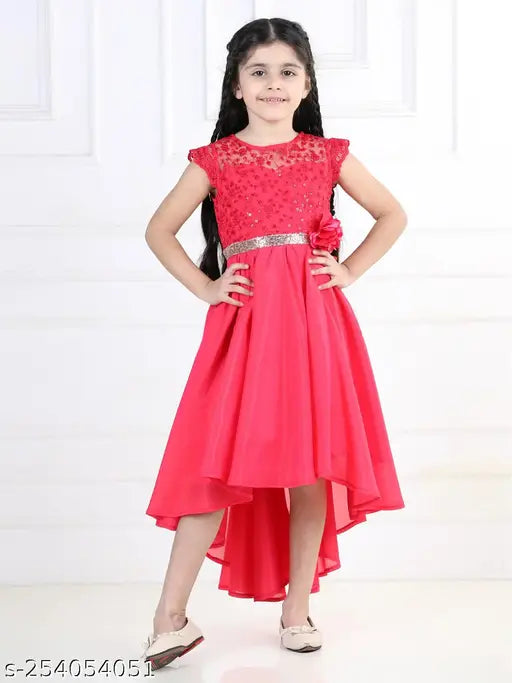 Pink embellished silk hi-low dress for girls party wear, size 1-2 years