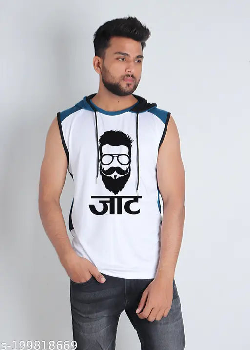 Polycotton jatt singh round neck tee, sleeveless, printed with Shiva design - vibrant clothing for men, India origin