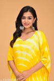 Yellow tie dye rayon crepe kaftan kurta with v-neck, three-quarter sleeves, and calf length, available in multiple sizes