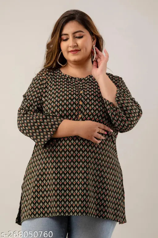 Plus size rayon top, three-quarter sleeves, printed net design - vibrant and stylish plus size clothing from India