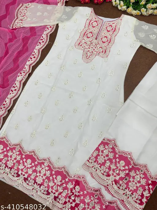 Heavy Faux Georgette Pakistani suit, embroidered palazzos & kurta set with dupatta. New designer, free size (waist 42in, length 40in), Indian origin