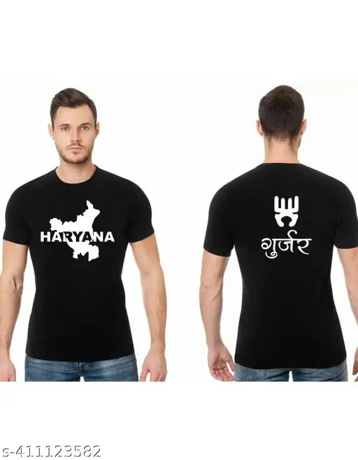 New Haryana printed polypropylene t-shirt for men, Gujjar tribe motif on short sleeves, Indian handcrafted apparel