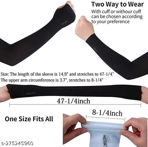 Black, stretchable, UV-protective arm sleeves with thumb holes, designed for athletes and sports enthusiasts, made from 100% polyester. Easy wash and suitable for outdoor activities. One size fits all, 9-7/8 inches long, including wristbands that adjust to different arm sizes