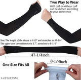 Black, stretchable, UV-protective arm sleeves with thumb holes, designed for athletes and sports enthusiasts, made from 100% polyester. Easy wash and suitable for outdoor activities. One size fits all, 9-7/8 inches long, including wristbands that adjust to different arm sizes