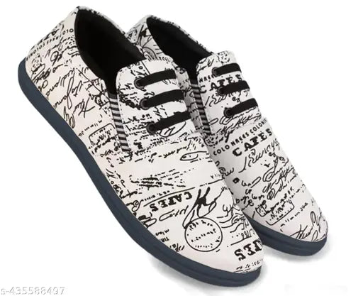 White canvas sneakers with black laces and a newspaper print pattern