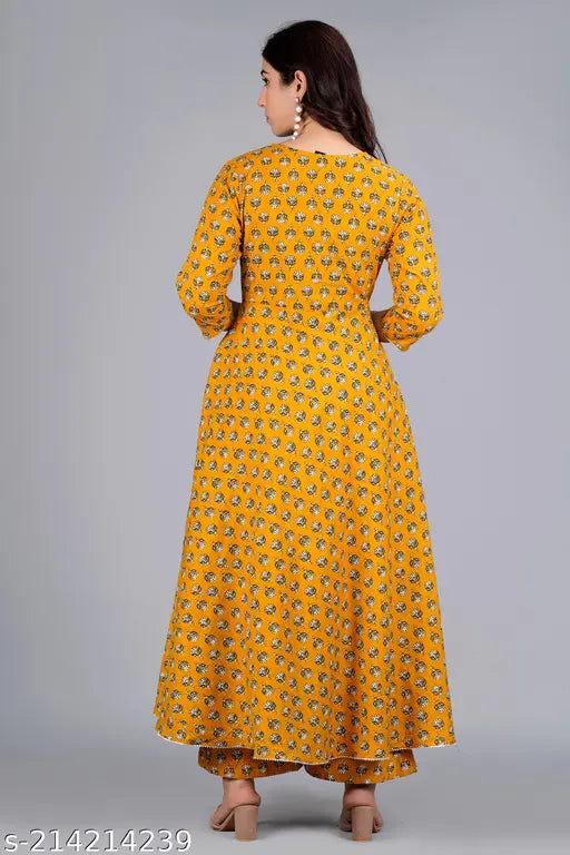Printed cotton Anarkali kurti set with palazzos, three-quarter sleeves, pack of 2, available in M & L sizes