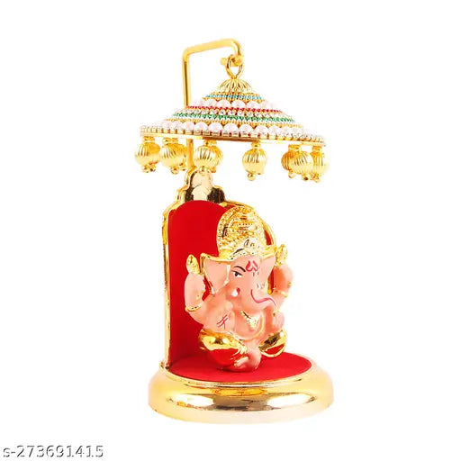 Gold Plate Ganesh Idol with Divine Stand - Exquisite decor for car, office, or home. Elegant golden symbol of spirituality and faith