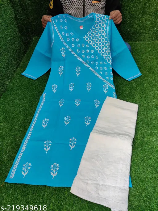 Embroidered cotton kurta set with palazzos, Lucknowi Chikankari handwork for women, India
