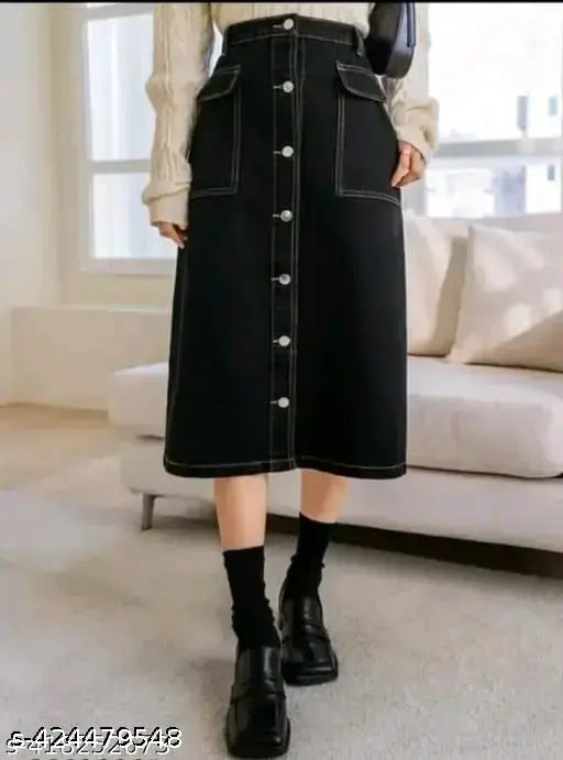 Black Zooni Collections women's high-rise waist midi skirt with side slit, pure cotton material, elastic waistband, and button embellishment
