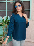 Teal blue rayon tunic top with 3/4th sleeves and v-neck, regular fit for women, hand wash with mild detergent