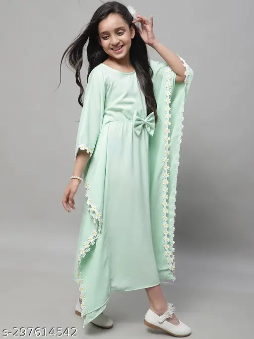 Cotton blend casual kaftan dress in mint color for girls ages 6-12, three-quarter sleeves style