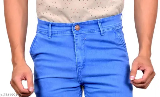 Denim solid stretchable jeans for men, regular fit mid-rise by JK SELLS. Available in sizes 28 to 40 inches (waist, length, hip). Made with fine quality silky fabric. Pre-washed for best fit, suitable for both casual and formal wear. India origin