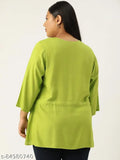 Green & white viscose rayon plus size top with tie-up detail, features three-quarter sleeves and v-neck