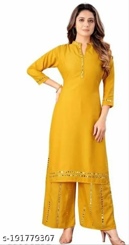 Mirror work rayon kurta set with palazzos, solid net, three-quarter sleeves, Indian traditional fashion