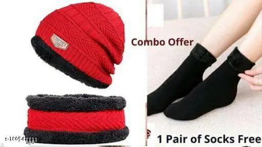 Combo pack of 2 (1 neck set+ 1 worm velvet socks) Trending, very stylish, worm , soft , fully fur inside in neck set( cap & neck muff) / Trendy winter socks inside finished with soft velvet which makes your foot relax worm and sweat free ,stylish one size