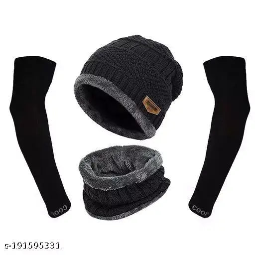 Solid wool winter cap with neck warmer and cotton sleeves set - Indian handmade knit hat for men and women