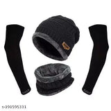 Solid wool winter cap with neck warmer and cotton sleeves set - Indian handmade knit hat for men and women