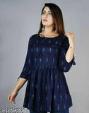 Trendy blue rayon tunic top with three-quarter sleeves, printed net pattern, available in multiple sizes XS to 4XL, Indian origin