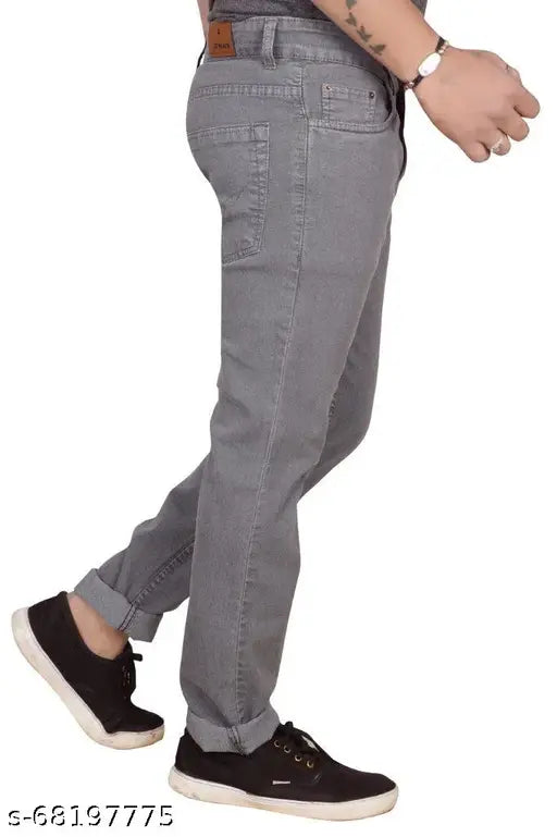 Black cotton men's straight grey jeans, regular fit stretchable with LIGHTGREY color, sizes 28 & 48